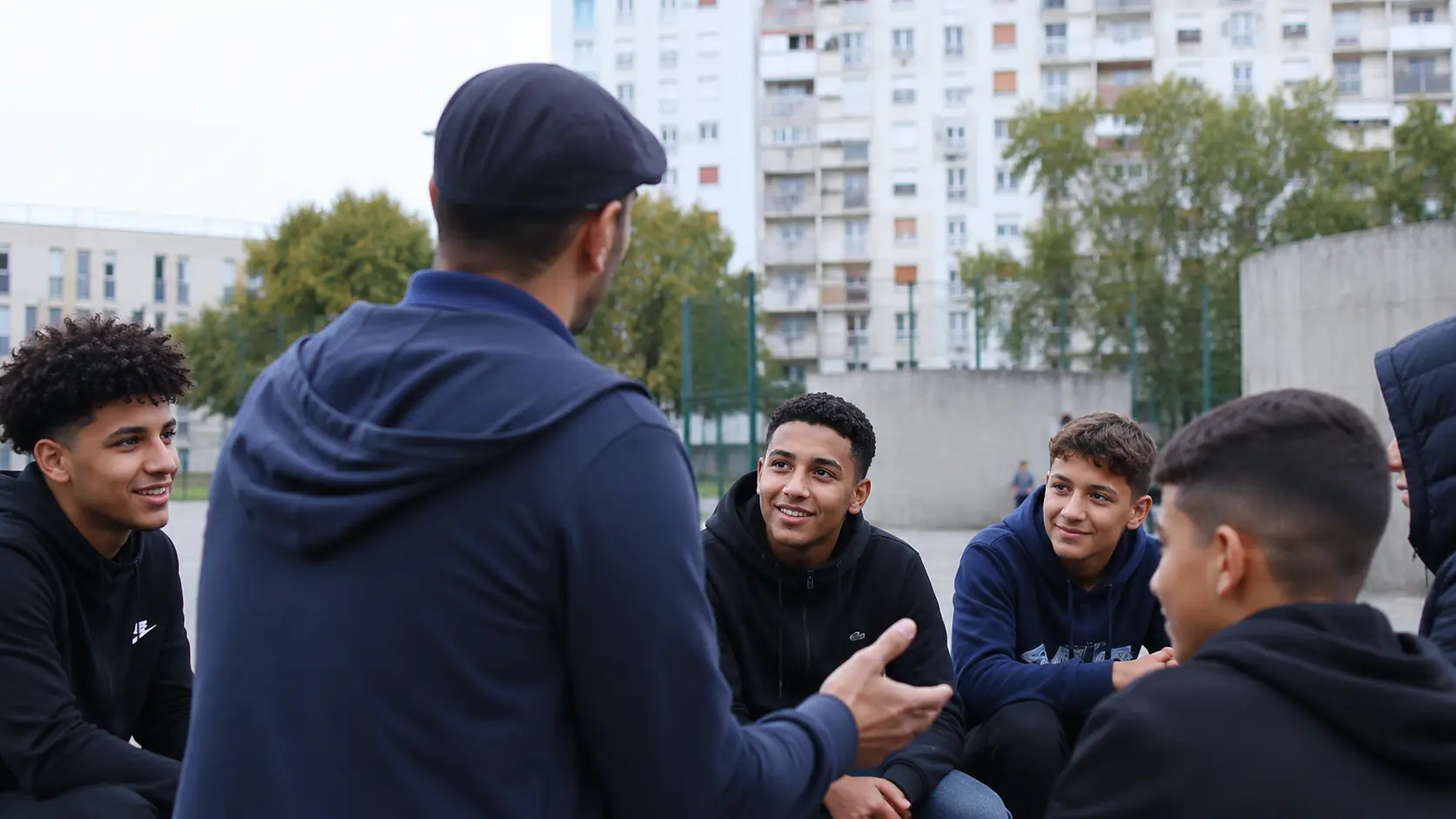 Mohamed Bouadjar en médiation auprès de jeunes Mohamed Bouadjar échange avec un groupe de jeunes dans un quartier
